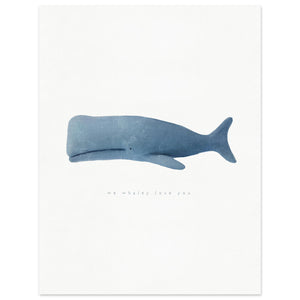 Minimalist blue whale print with the phrase 'we whaley love you,' ideal for nursery or coastal decor.