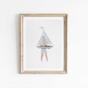 Illustration of a little boy holding a sailboat with blue and white stripes, by artist Leah Straatsma