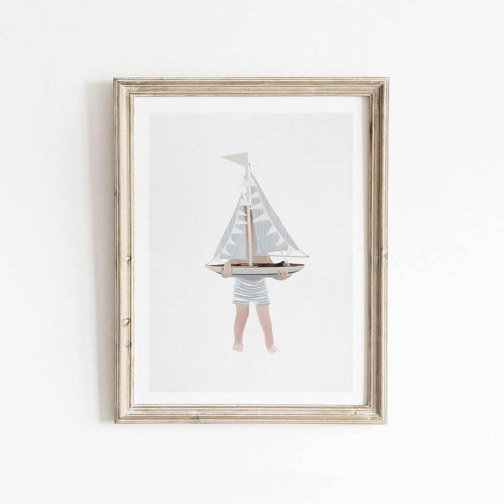 Illustration of a little boy holding a sailboat with blue and white stripes, by artist Leah Straatsma