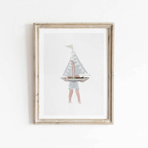 Illustration of a little boy holding a sailboat with blue and white stripes, by artist Leah Straatsma