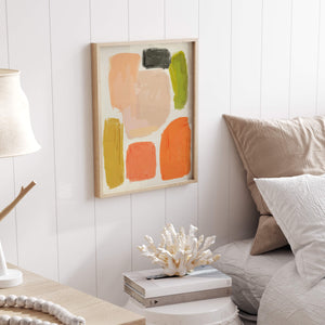 Abstract art print featuring bold strokes in orange, green, and gray, perfect for adding a contemporary and vibrant touch to any room.