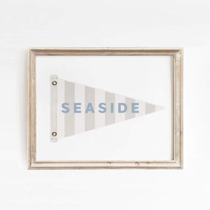 Close-up of Seaside flag wall art with striped design and neutral tones, perfect for coastal decor, by artist Leah Straatsma.