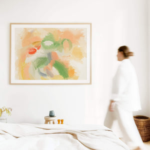 Abstract painting 'The Tulip' with vibrant strokes of orange, green, and yellow, capturing the essence of tulip blooms.