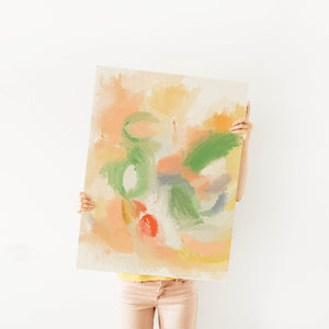 Abstract painting 'The Tulip' with vibrant strokes of orange, green, and yellow, capturing the essence of tulip blooms.