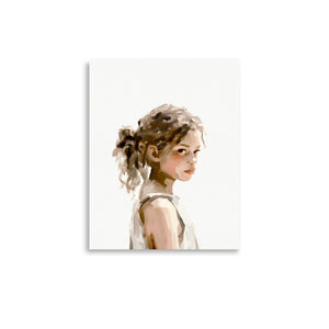 Serene young girl portrait art print in muted earth tones, ideal for nursery or living room wall decor