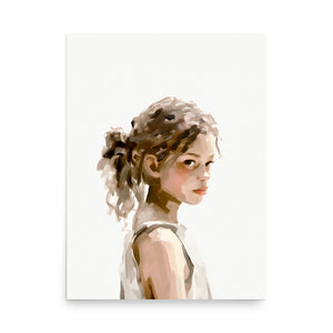 Serene young girl portrait art print in muted earth tones, ideal for nursery or living room wall decor