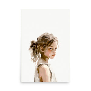 Serene young girl portrait art print in muted earth tones, ideal for nursery or living room wall decor